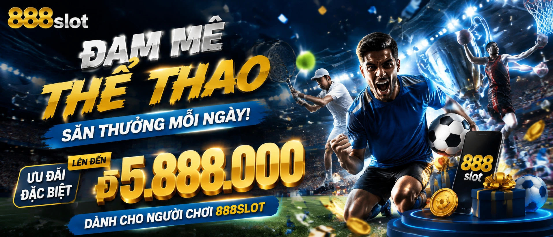 Không gian Thể Thao 888SLOT với chủ đề bóng đá, bóng rổ và esports